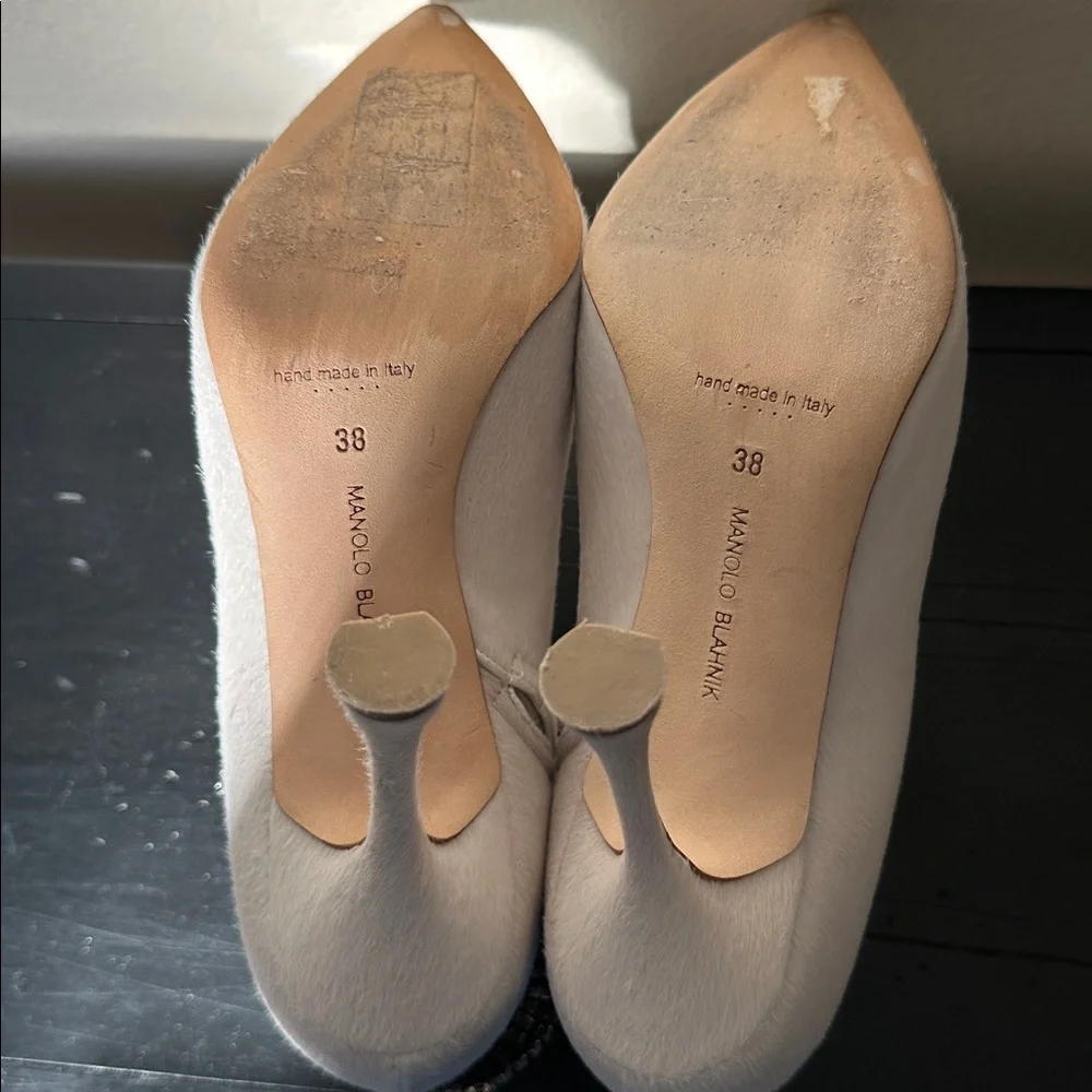 Manolo Blahnik Bomabi Calf Hair & Crystal White Ankle Pointed Toe Booties 38